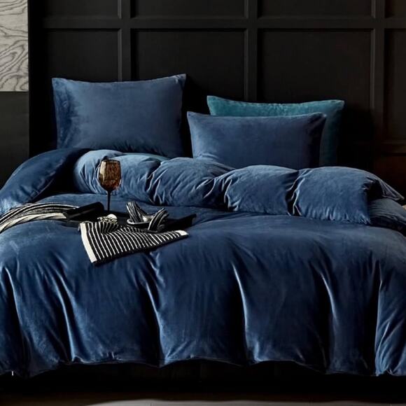 🆕 Blue Velvet Duvet Set King Luxury Hotel Vibes Cozy Bedding - Picture 1 of 8